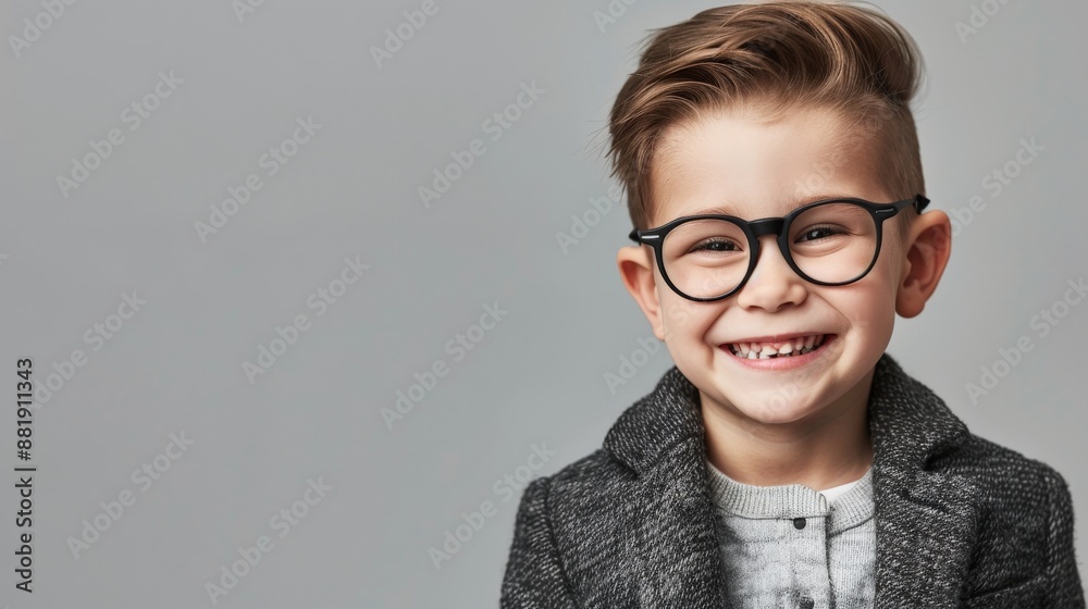 A young boy wearing glasses smiles happily A young boy wearing glasses smiles happily