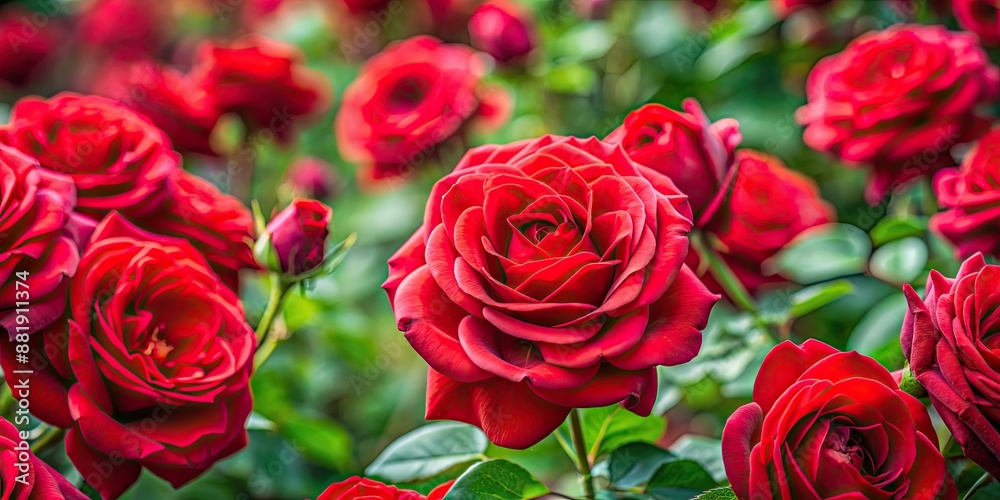 Obraz premium Vibrant red roses in full bloom, radiating natural beauty, flowers, roses, red, vibrant, bloom, petals, garden, botanical