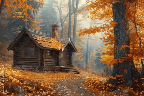 Rustic log cabin in a serene autumn forest with vibrant orange foliage and a peaceful atmosphere, ideal for a cozy nature retreat.