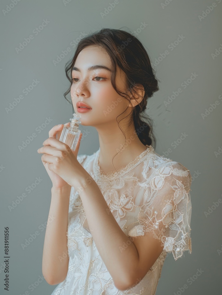 A woman holds a perfume bottle against her chest, wearing a white dress A woman holds a perfume bottle against her chest, wearing a white dress