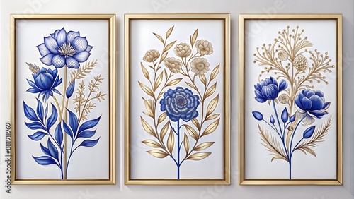 Set of three vertical poster, minimalist line art floral
