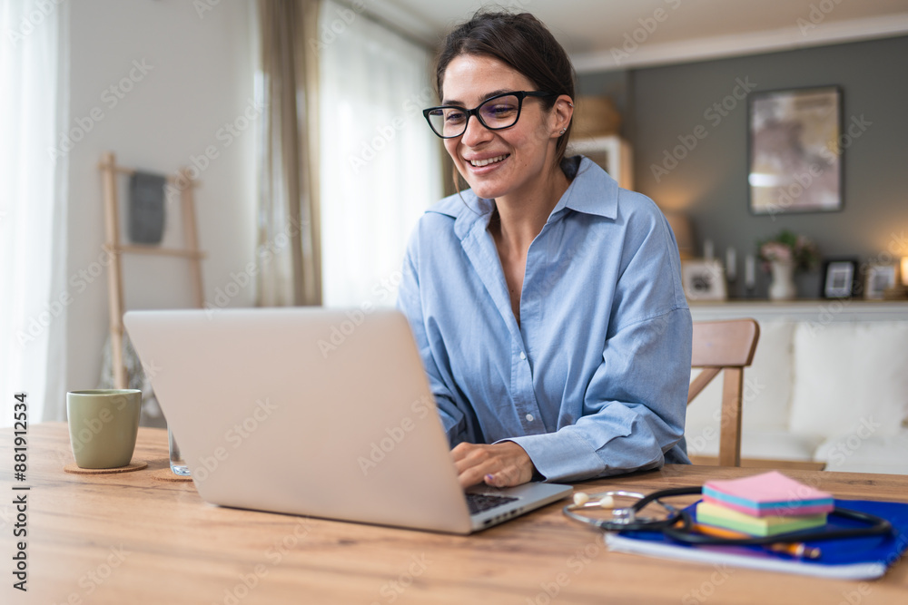 Telemedicine. Young woman doctor working at home office, private general practitioner, healthcare and medical female worker using laptop computer for contact with senior patients Helping people online Telemedicine. Young woman doctor working at home office, private general practitioner, healthcare and medical female worker using laptop computer for contact with senior patients Helping people online