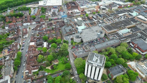 Aerial Footage of Central Fareham town at the north west tip of Portsmouth Harbour, between the cities of Portsmouth and Southampton in south east Hampshire, England. Great Britain.  photo