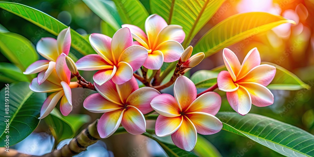 Fototapeta premium Tropical frangipani flowers in full bloom on a tree branch, frangipani, tropical, flowers, bloom, tree, branch, white, yellow
