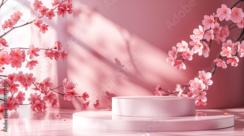 Wallpaper Mural 3D Empty Podium Background with Minimalist Pink Blossom Flowers for Product Advertising Presentation Torontodigital.ca