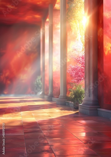 A red room with a lot of light coming in from the windows. There are two potted plants in the room, one on the left and one on the right