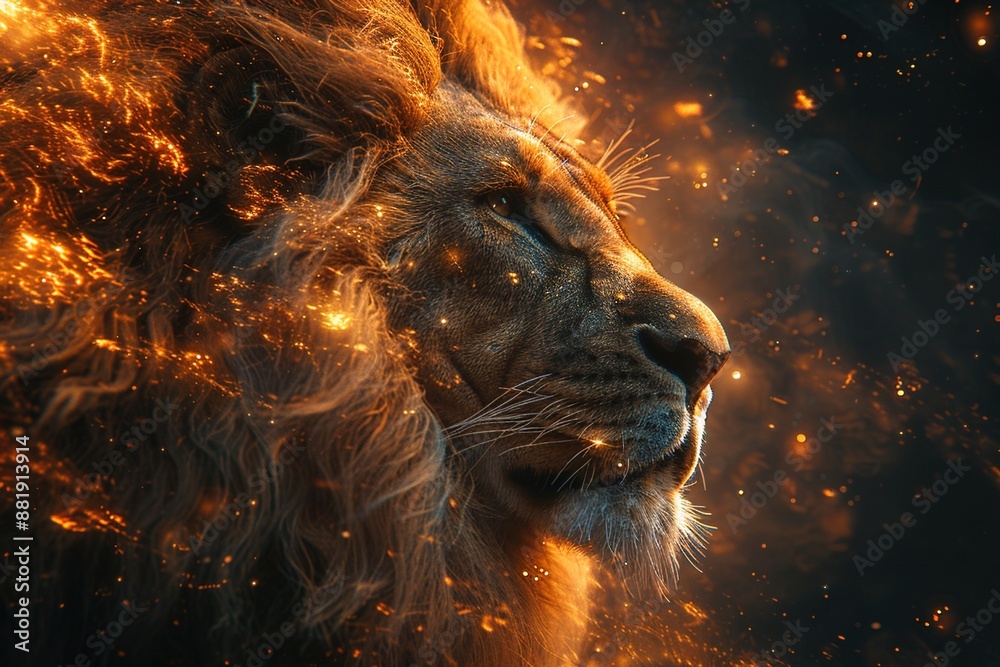 Naklejka premium Astrological Leo: a lion with a galaxy-inspired mane and sparkling celestial features