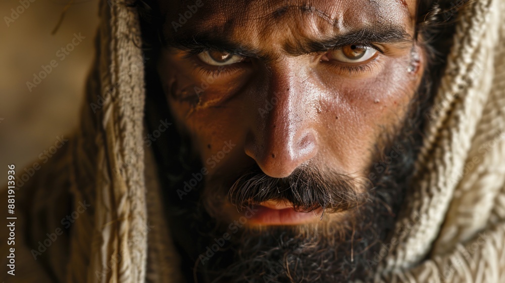 A close-up portrait of a bearded man's face, suitable for use in editorial or advertising contexts A close-up portrait of a bearded man's face, suitable for use in editorial or advertising contexts