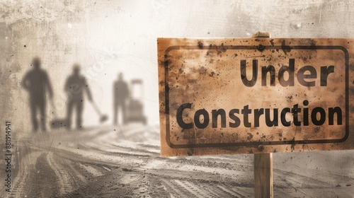 Rustic 'Under Construction' sign with blurred construction workers and equipment in the background. Industrial, development, and construction concept. photo