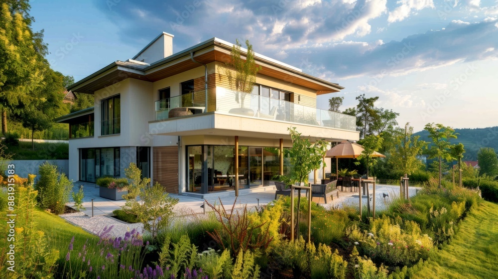 Fototapeta premium Modern two-story house with a lush garden and scenic backdrop, ideal for real estate and architectural design purposes. Contemporary style with large windows and spacious outdoor living. AI