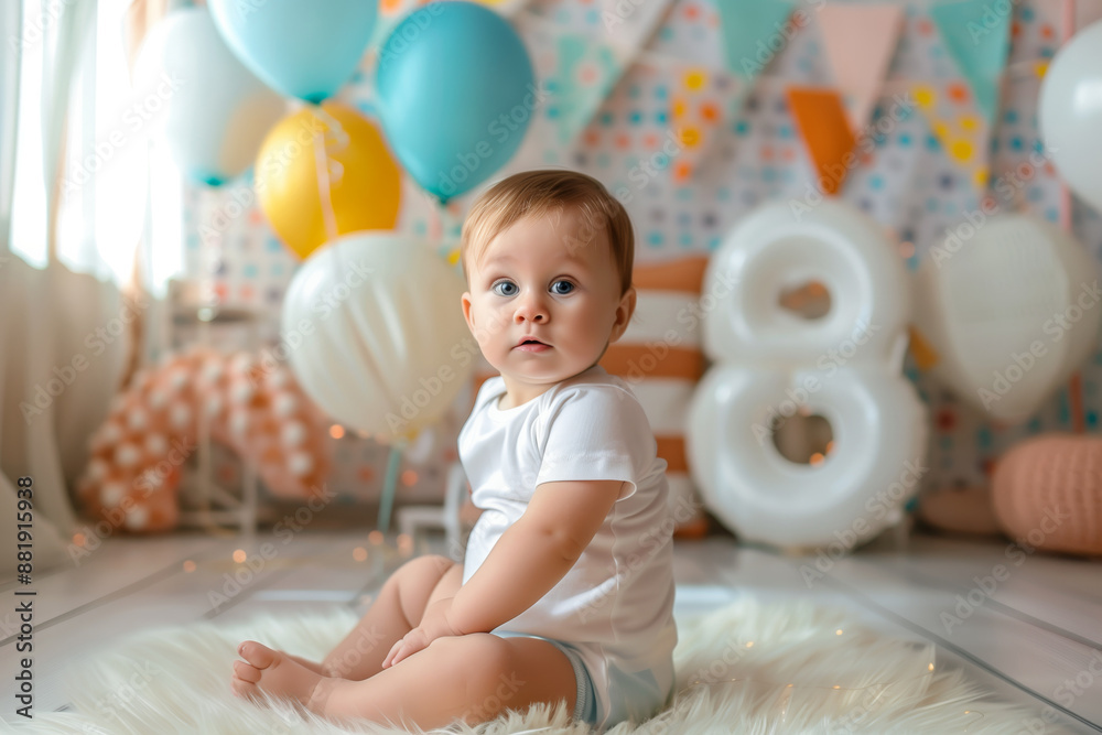 Adorable baby sitting on a fluffy rug with colorful balloons and festive decorations in the background, celebrating 8 months old party. 
