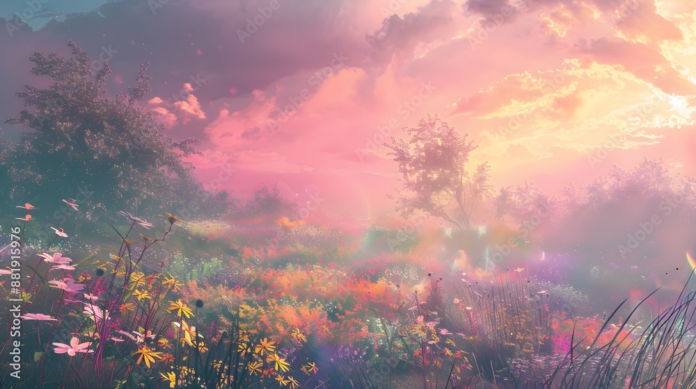 Ethereal rainbow spectrum crossing a wild grassy meadow in soft daylight. Ethereal rainbow spectrum crossing a wild grassy meadow in soft daylight.