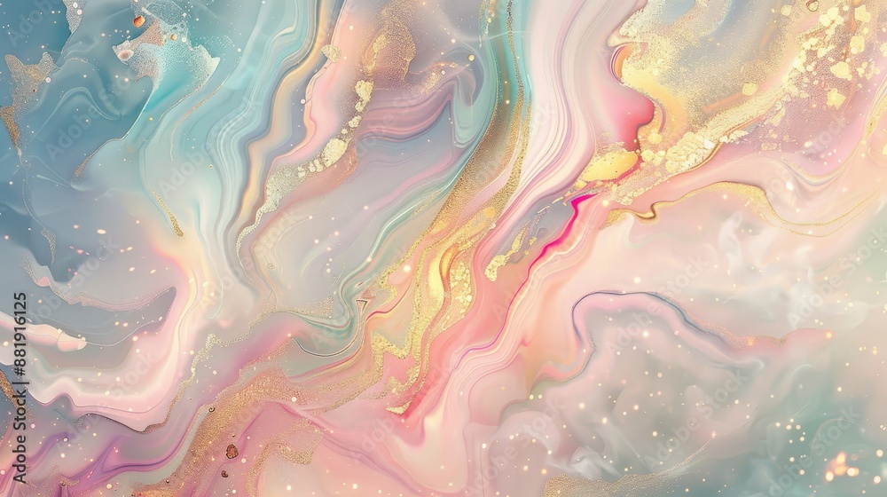Fototapeta premium Fluid marble-like textures in pastel tones with sparkling particles wallpaper