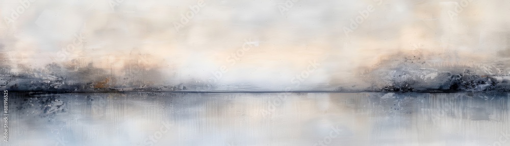 Obraz premium Serene abstract landscape painting with soft pastel colors and misty reflections, perfect for adding tranquility to any space.
