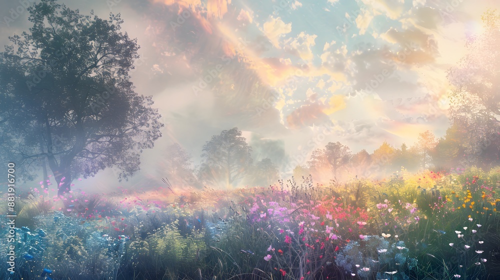 Obraz premium Ethereal rainbow spectrum crossing a wild grassy meadow in soft daylight. 