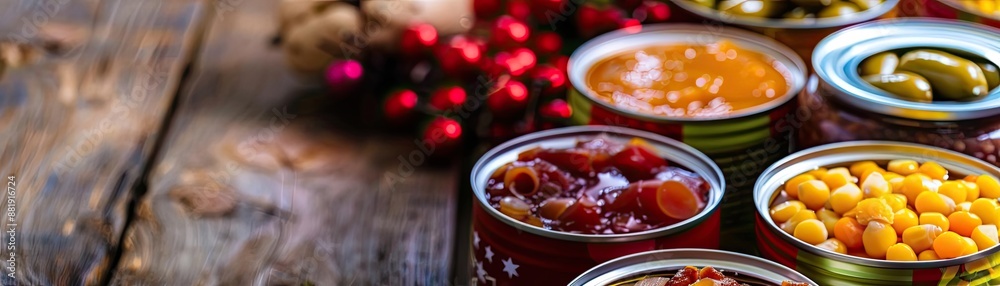 Assorted open canned food on rustic wooden table, showcasing various colorful preserved vegetables and fruits in jars. Assorted open canned food on rustic wooden table, showcasing various colorful preserved vegetables and fruits in jars.