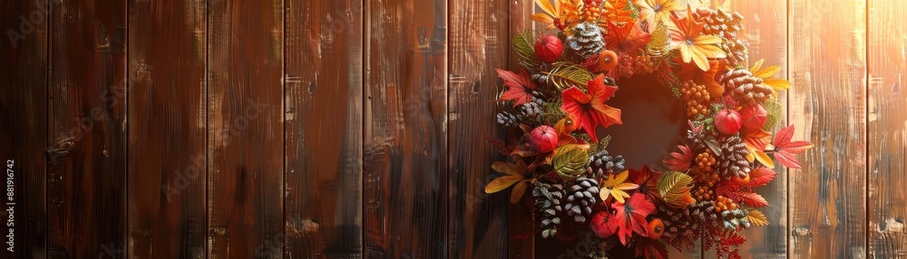 Autumn wreath with leaves, berries, and pinecones hanging on a rustic wooden wall illuminated by warm sunlight. Autumn wreath with leaves, berries, and pinecones hanging on a rustic wooden wall illuminated by warm sunlight.