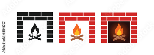 Brick fire place icon set, Fireplace with firewood vector icon collection