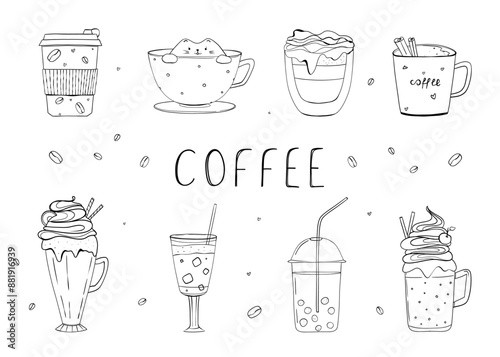 Coffee drink set. Hot and cold drinks with cream and sweets. Hand painting. Illustration without filling. Doodle or sketch style. Vector