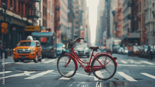 red bicycle on the street of New York with no people around, hyperrealistic