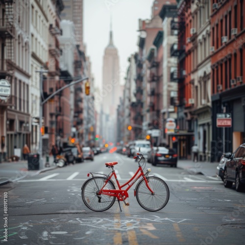 red bicycle on the street of New York with no people around, hyperrealistic