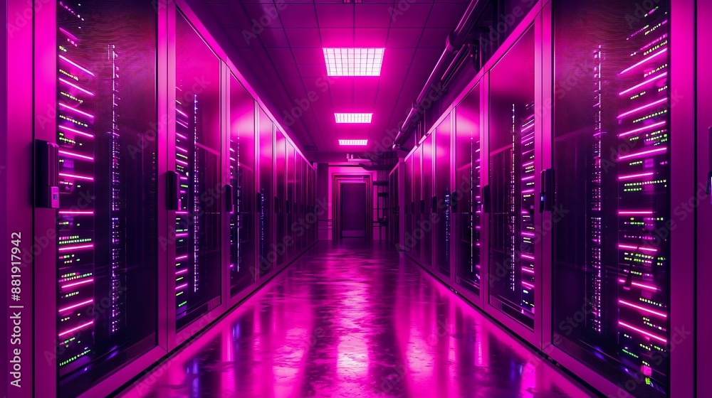 Modern server room with racks of network servers, led lights Modern server room with racks of network servers, led lights