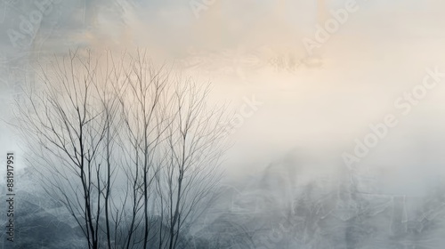 Serene misty landscape with barren trees and a soft pastel sky, evoking feelings of calm and tranquility in a natural setting.