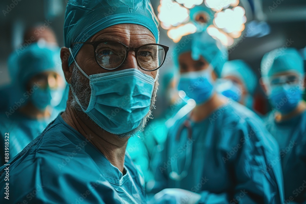 A surgeon performing an operation in a sterile, state-of-the-art operating room, surrounded by a focused surgical team. A surgeon performing an operation in a sterile, state-of-the-art operating room, surrounded by a focused surgical team.