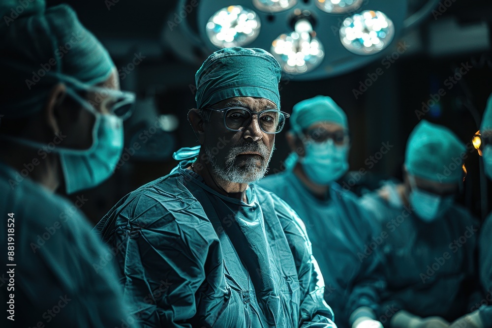 Fototapeta premium A surgeon performing an operation in a sterile, state-of-the-art operating room, surrounded by a focused surgical team. 