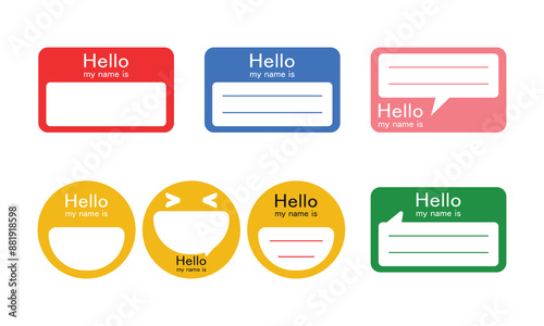 Name tag sticker design template empty with text Hello my name is, Registration identity label 