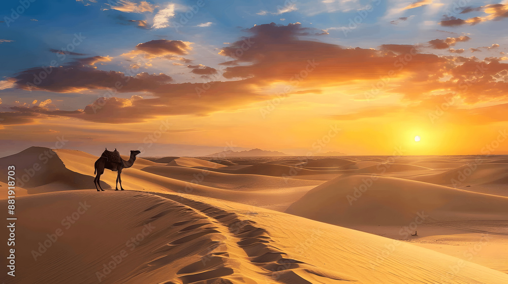 Serene desert landscape at sunset with golden sand dunes Serene desert landscape at sunset with golden sand dunes