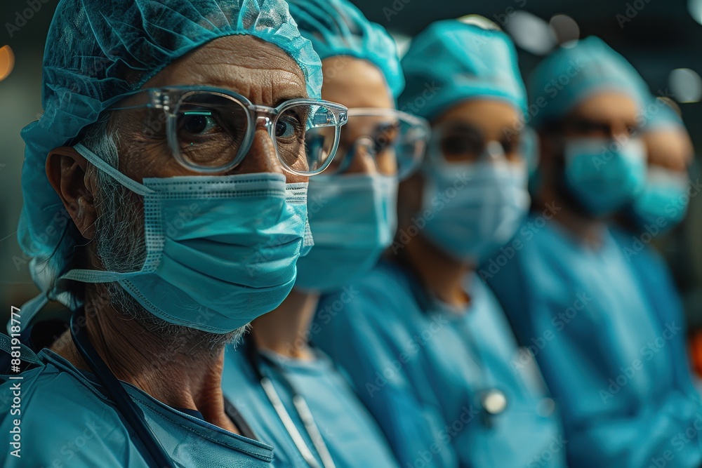 A surgeon performing an operation in a sterile, state-of-the-art operating room, surrounded by a focused surgical team. A surgeon performing an operation in a sterile, state-of-the-art operating room, surrounded by a focused surgical team.