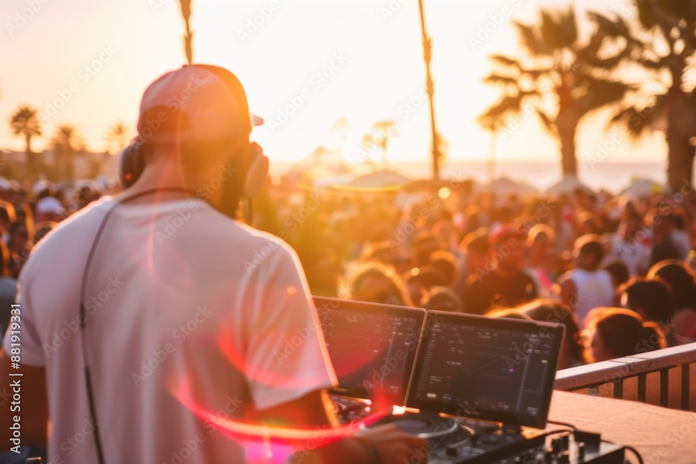 Fototapeta premium DJ Performing at a Sunset Beach Party with Vibrant Crowd and Palm Trees in Background