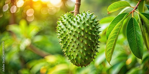 Soursop fruit hanging on the tree in Caribbean Trinidad and Tobago