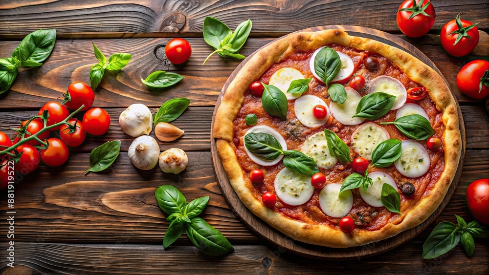 Margherita pizza on rustic dark wood background with fresh tomatoes, onion, basil, and melted mozzarella cheese, pizza Margherita pizza on rustic dark wood background with fresh tomatoes, onion, basil, and melted mozzarella cheese, pizza