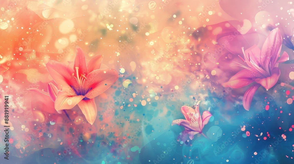 Vibrant pastel background with chaotic splatters and glowing lilies Vibrant pastel background with chaotic splatters and glowing lilies