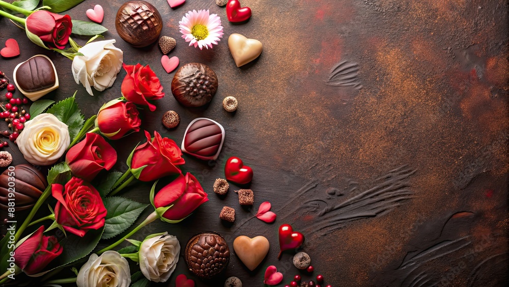 Valentine's Day background with composition of flowers and chocolates, Valentine's Day, background, flowers, chocolates, romantic Valentine's Day background with composition of flowers and chocolates, Valentine's Day, background, flowers, chocolates, romantic