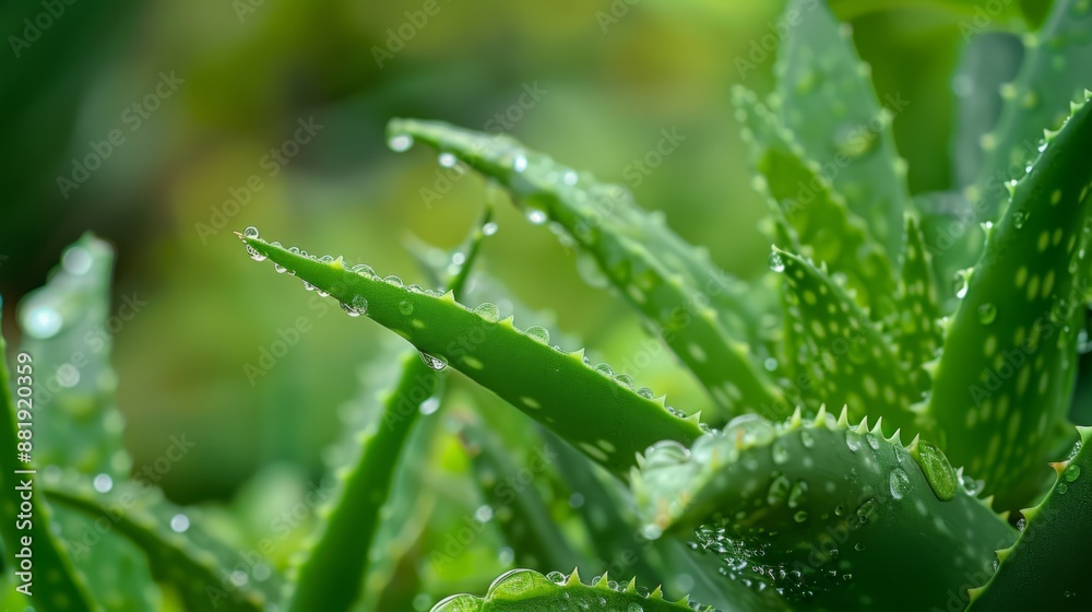 Close-up of fresh green aloe vera plant with dew drops on leaves. Perfect for skincare or botanical themes. Vivid and detailed image to highlight natural beauty and health benefits. AI Close-up of fresh green aloe vera plant with dew drops on leaves. Perfect for skincare or botanical themes. Vivid and detailed image to highlight natural beauty and health benefits. AI
