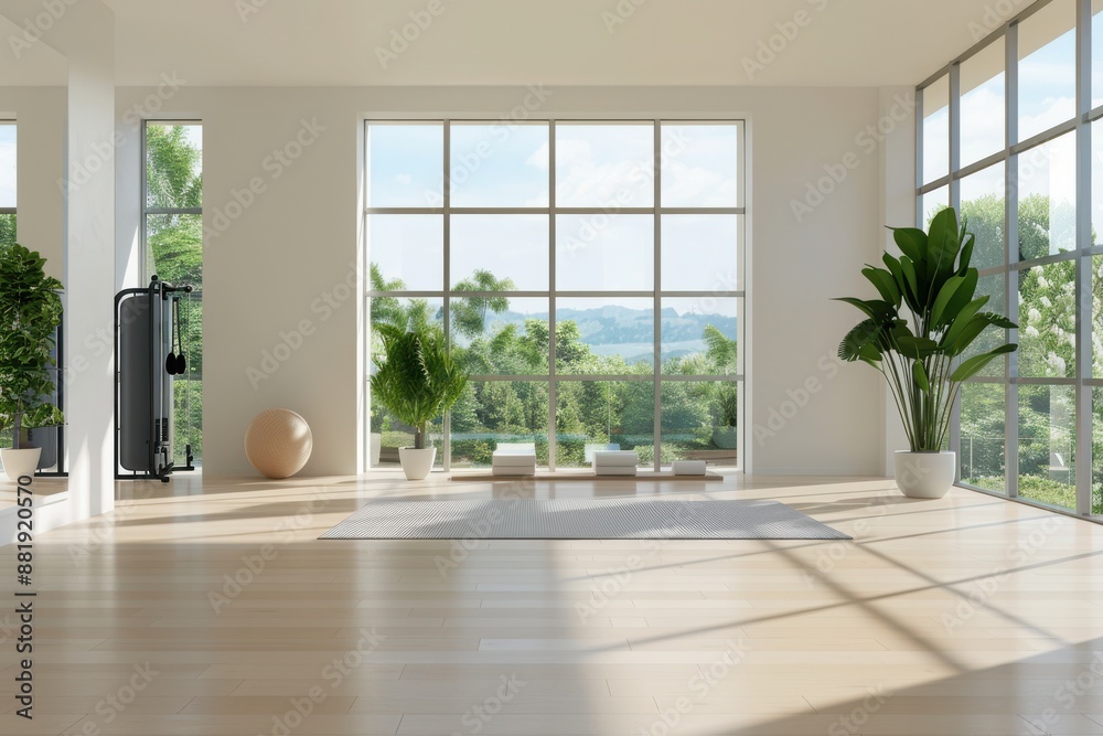 Fototapeta premium Bright and spacious yoga studio with large windows, indoor plants, and natural light offering a serene and peaceful atmosphere.
