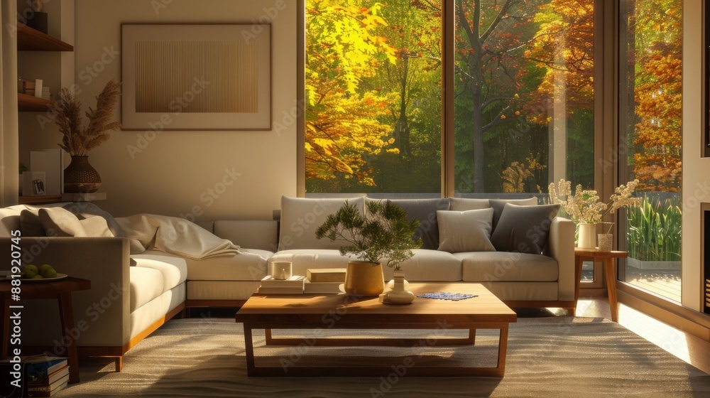 Obraz premium Cozy living room with a large window showcasing vibrant autumn trees, featuring modern furniture and warm natural light accents.