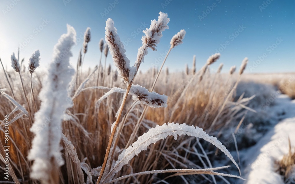 Frozen Cattails in Winter Landscape. Cattail plants covered in frost stand tall against a blurred winter landscape background. The delicate, feathery seed heads are coated in a layer of ice crystals. Frozen Cattails in Winter Landscape. Cattail plants covered in frost stand tall against a blurred winter landscape background. The delicate, feathery seed heads are coated in a layer of ice crystals.