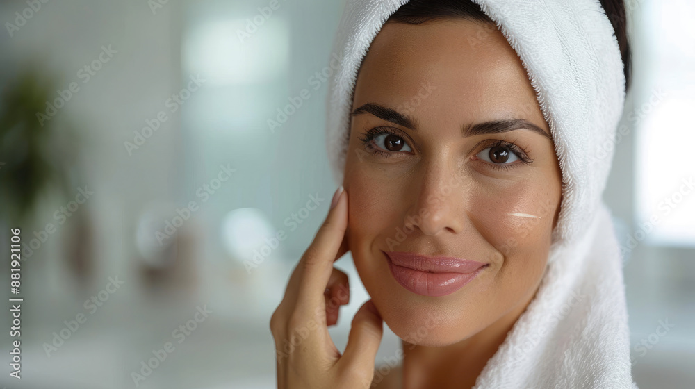 close-up portrait of middle-aged woman with black hair and brown eyes wearing a white towel wrapped around the top of her head like in beauty salon with background in a calm bathroom atmosphere close-up portrait of middle-aged woman with black hair and brown eyes wearing a white towel wrapped around the top of her head like in beauty salon with background in a calm bathroom atmosphere