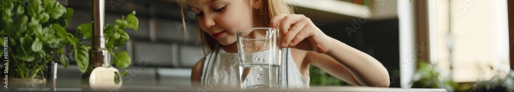 Obraz premium Little Girl Fills a Glass with Pure, Safe, and Clean Water from a Tap, Illustrating the Benefits of a Home Water Filtration System.