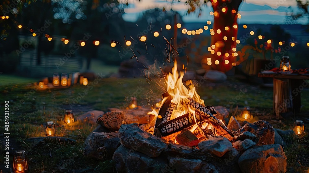 A cozy outdoor bonfire setup with string lights and lanterns, creating a warm and inviting backyard ambiance under the evening sky. A cozy outdoor bonfire setup with string lights and lanterns, creating a warm and inviting backyard ambiance under the evening sky.