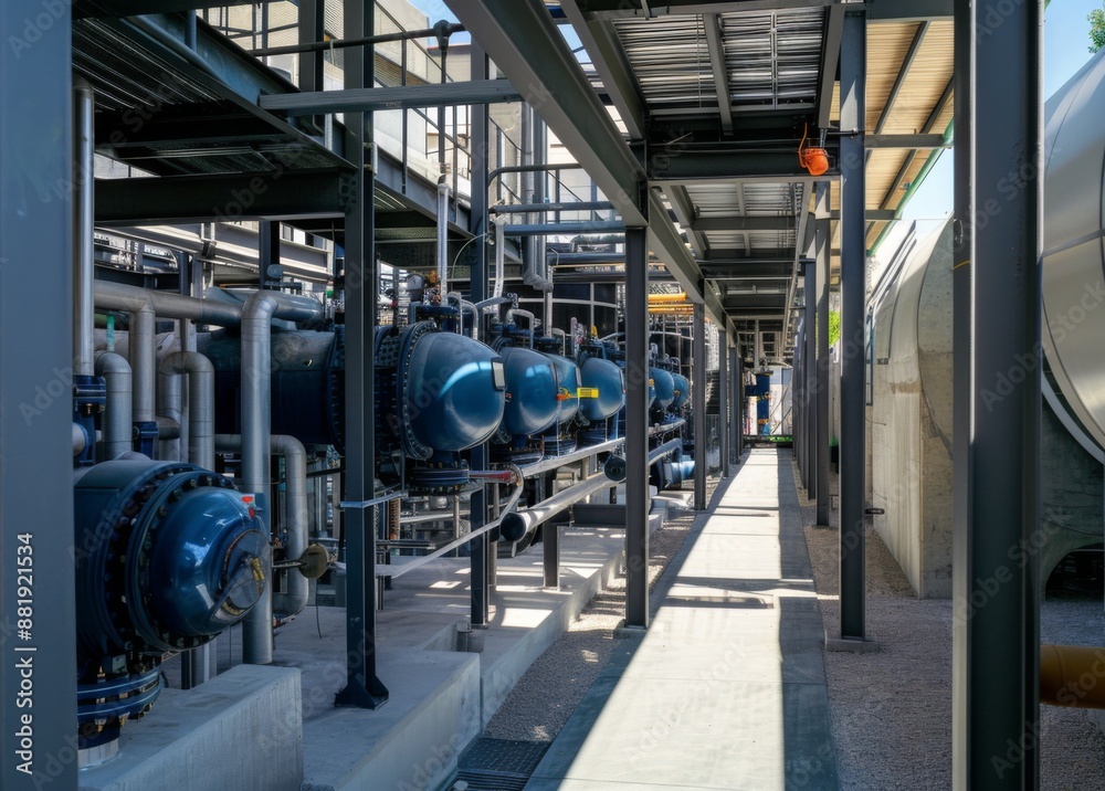 Fototapeta premium Advanced Wastewater Treatment Facility and Filtration System for Water Reuse, Demonstrating Modern Urban Infrastructure and Environmental Sustainability.