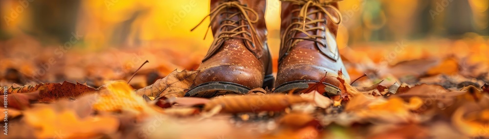 Close-up of boots walking through colorful autumn leaves, emphasizing the beauty and texture of fall foliage. Close-up of boots walking through colorful autumn leaves, emphasizing the beauty and texture of fall foliage.