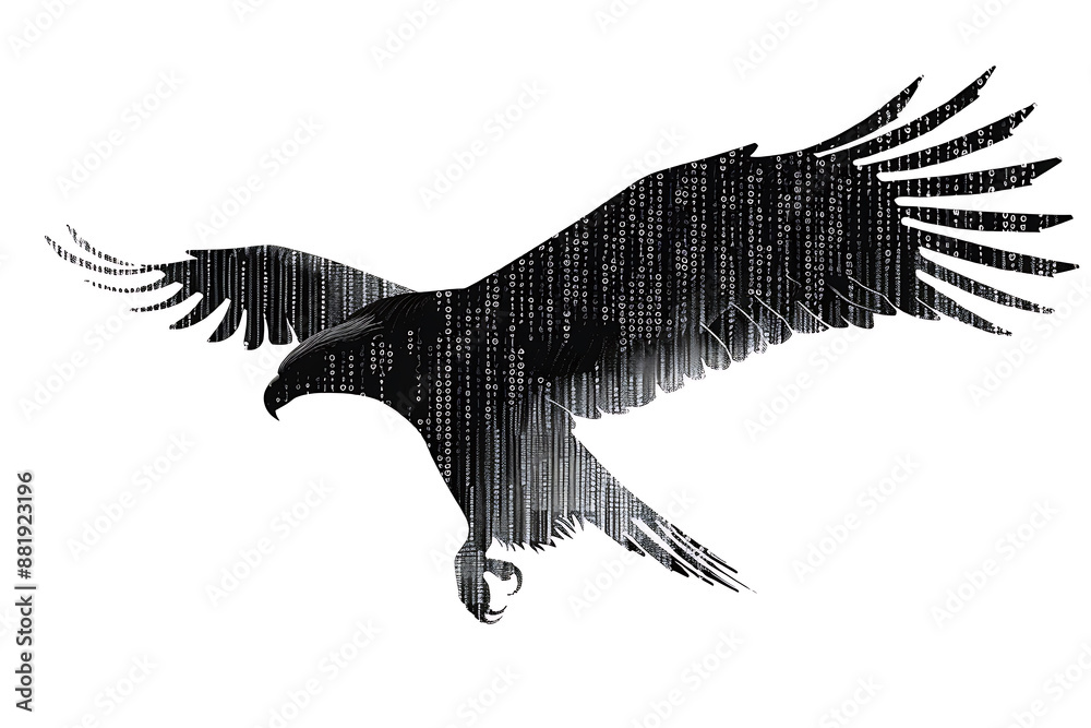 Eagle made from binary code on a white background in a wireframe plexus style, symbolizing the blend of technology and nature in a striking digital art form Eagle made from binary code on a white background in a wireframe plexus style, symbolizing the blend of technology and nature in a striking digital art form