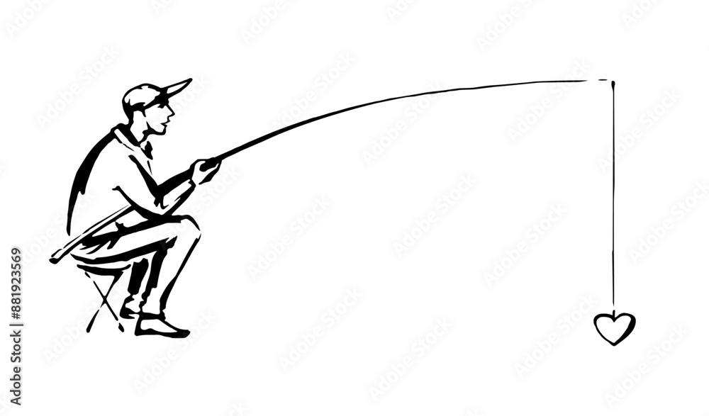 Obraz premium Vector drawing. The fisherman catches the heart