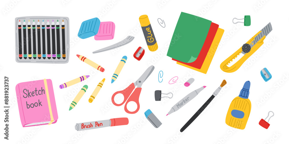 Art crafting items set with scissors and modeling clay in flat hand drawn style. Colorful educational or school stationary stickers isolated on white background. Good for decoration or labels Art crafting items set with scissors and modeling clay in flat hand drawn style. Colorful educational or school stationary stickers isolated on white background. Good for decoration or labels