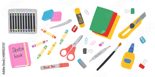 Art crafting items set with scissors and modeling clay in flat hand drawn style. Colorful educational or school stationary stickers isolated on white background. Good for decoration or labels © Olena